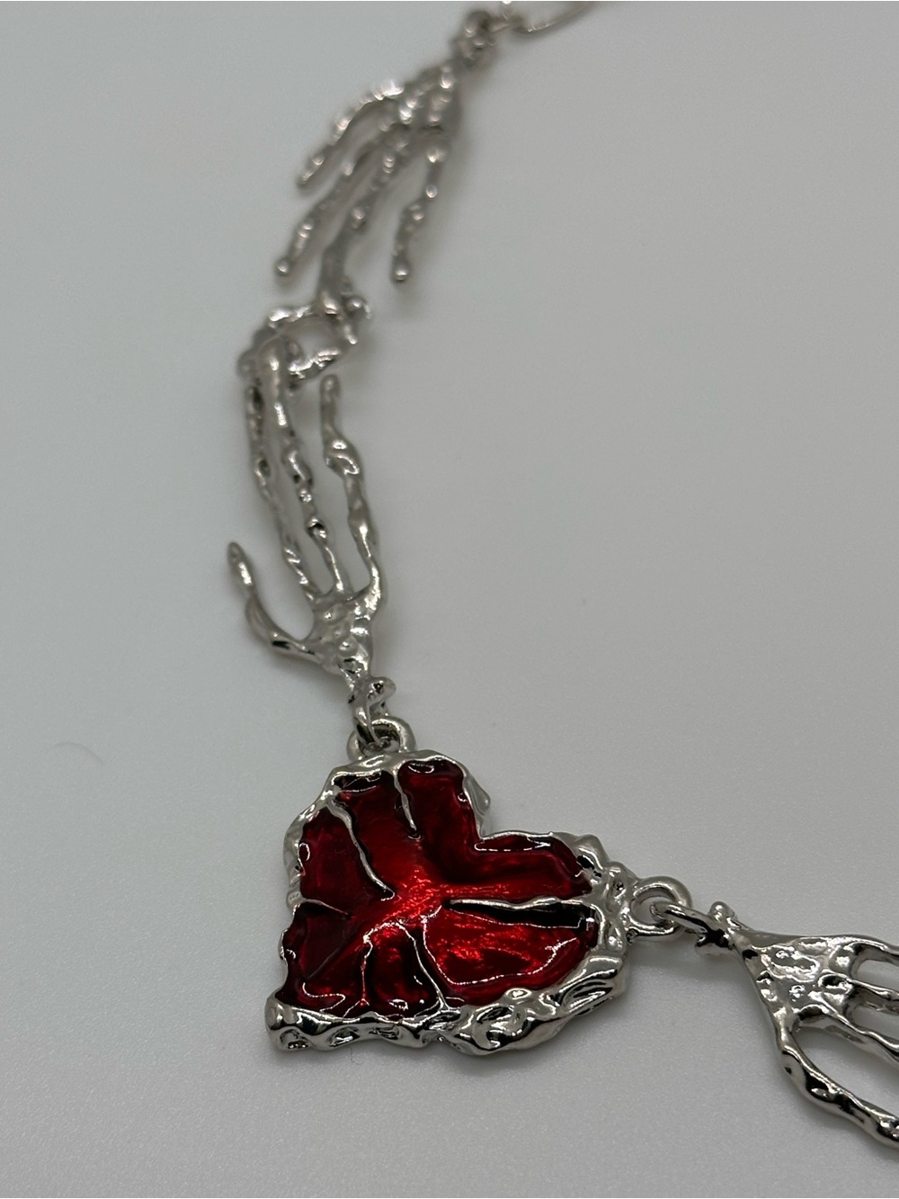 Heart Enamel Silver Skeleton Hand Necklace with Red Heart Pendant